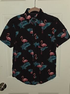 100% Cotton Westy Tropical Black Short-Sleeve Flamingo Print Button-Down Shirt